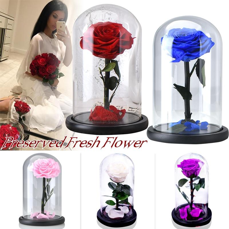 Eternal Rose Flower With Dome Glass Black Case Artificial Flower Gift For New Year Valentine Christmas Gif  Good Home Decoration