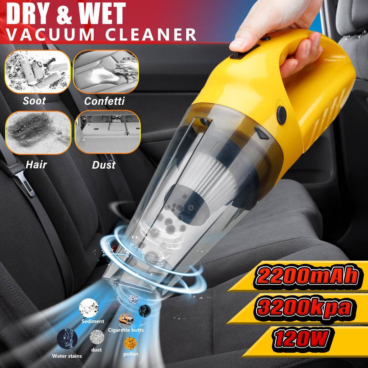 Warmtoo 120W 12V Wet/Dry Vaccum Cleaner Portable Cordless Handheld Rechargeable Cordless Car Vacuum Cleaner for Car Home