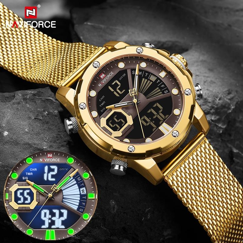 NAVIFORCE Mens Sport Watches Luxury Gold Quartz Steel Strap Waterproof Military Digital Wrist Watch Clock Relogio Masculino 2020