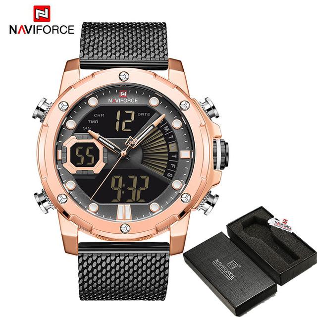 NAVIFORCE Mens Sport Watches Luxury Gold Quartz Steel Strap Waterproof Military Digital Wrist Watch Clock Relogio Masculino 2020