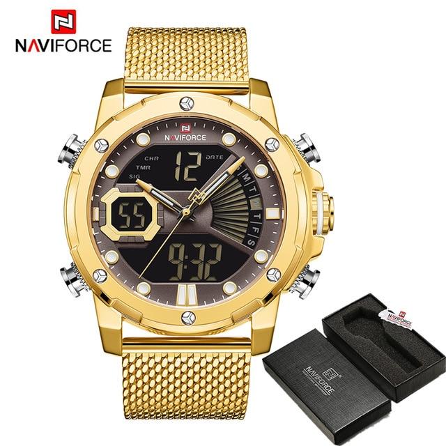 NAVIFORCE Mens Sport Watches Luxury Gold Quartz Steel Strap Waterproof Military Digital Wrist Watch Clock Relogio Masculino 2020