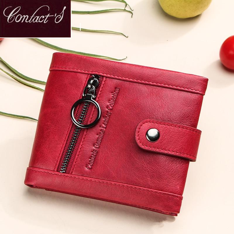 Contact's Small Women Genuine Leather Wallet Red Femal Card Wallets Zipper Coin Purse Pocket Mini Wallet Portfel Girlfriend Gift