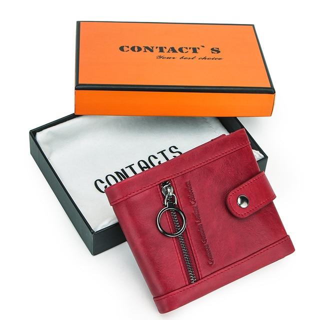 Contact's Small Women Genuine Leather Wallet Red Femal Card Wallets Zipper Coin Purse Pocket Mini Wallet Portfel Girlfriend Gift