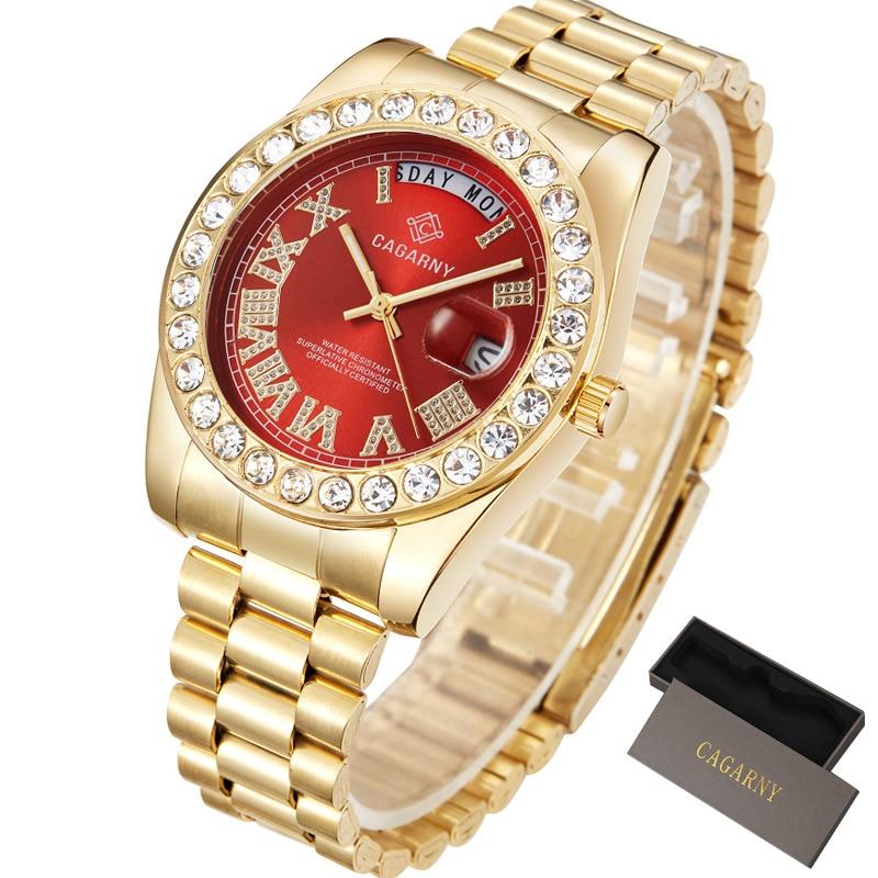 Luxury Diamond Gold Watch Men Fashion Quartz Watches Cagarny Stainless Steel day-date Waterproof relogio masculino Top Brand