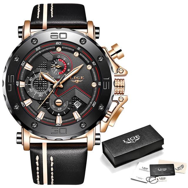 2020LIGE New Fashion Mens Watches Top Brand Luxury Big Dial Military Quartz Watch Leather Waterproof Sport Chronograph Watch Men