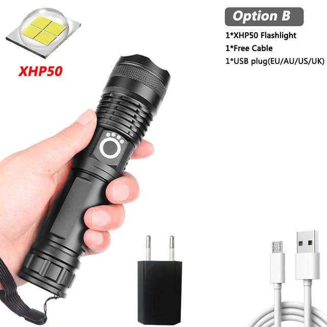 Drop shipping Brightest XHP90 Rechargeable LED Flashlight Powerful Torch Super Waterproof Zoom Hunting Light Use 18650 or 26650