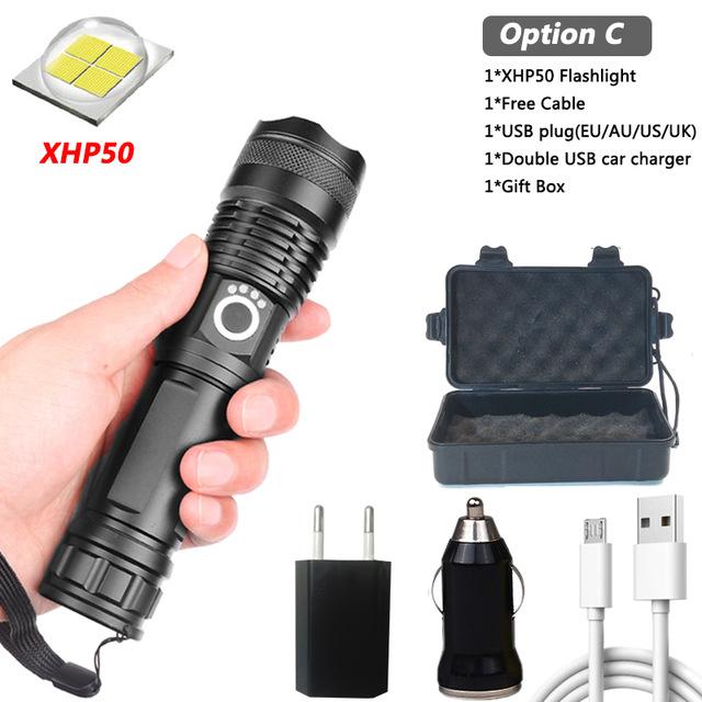 Drop shipping Brightest XHP90 Rechargeable LED Flashlight Powerful Torch Super Waterproof Zoom Hunting Light Use 18650 or 26650