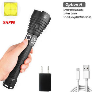 Drop shipping Brightest XHP90 Rechargeable LED Flashlight Powerful Torch Super Waterproof Zoom Hunting Light Use 18650 or 26650