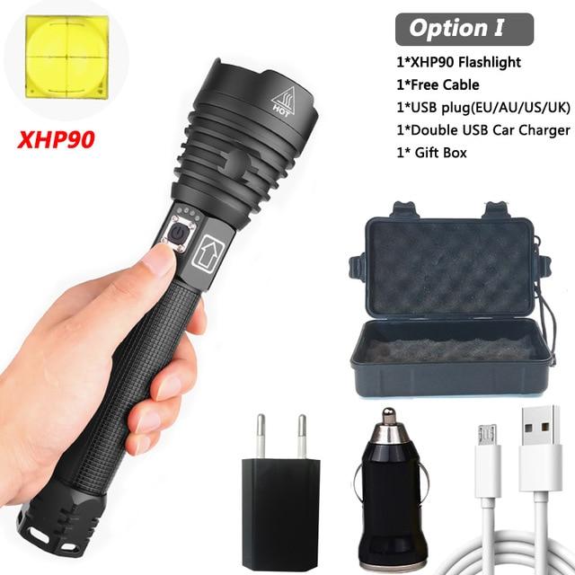 Drop shipping Brightest XHP90 Rechargeable LED Flashlight Powerful Torch Super Waterproof Zoom Hunting Light Use 18650 or 26650