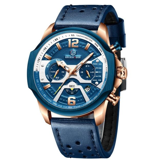 Mens Watches Top Brand Luxury Blue Quartz Men Watch Leather Chronograph Big Sport Wrist Watch Man Male Clock Relogio Masculino