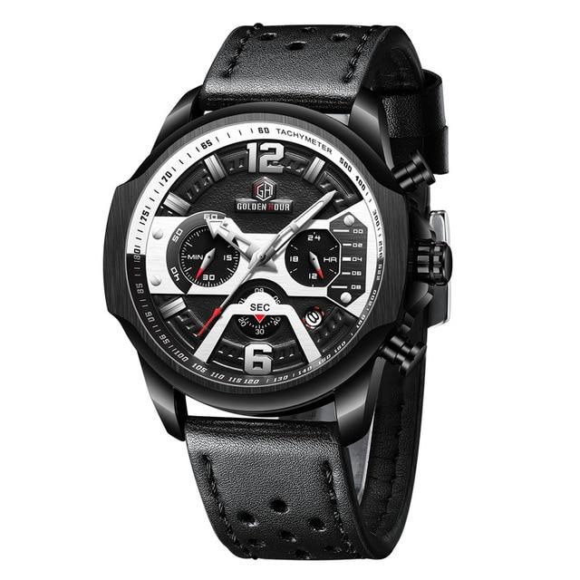 Mens Watches Top Brand Luxury Blue Quartz Men Watch Leather Chronograph Big Sport Wrist Watch Man Male Clock Relogio Masculino