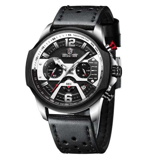 Mens Watches Top Brand Luxury Blue Quartz Men Watch Leather Chronograph Big Sport Wrist Watch Man Male Clock Relogio Masculino