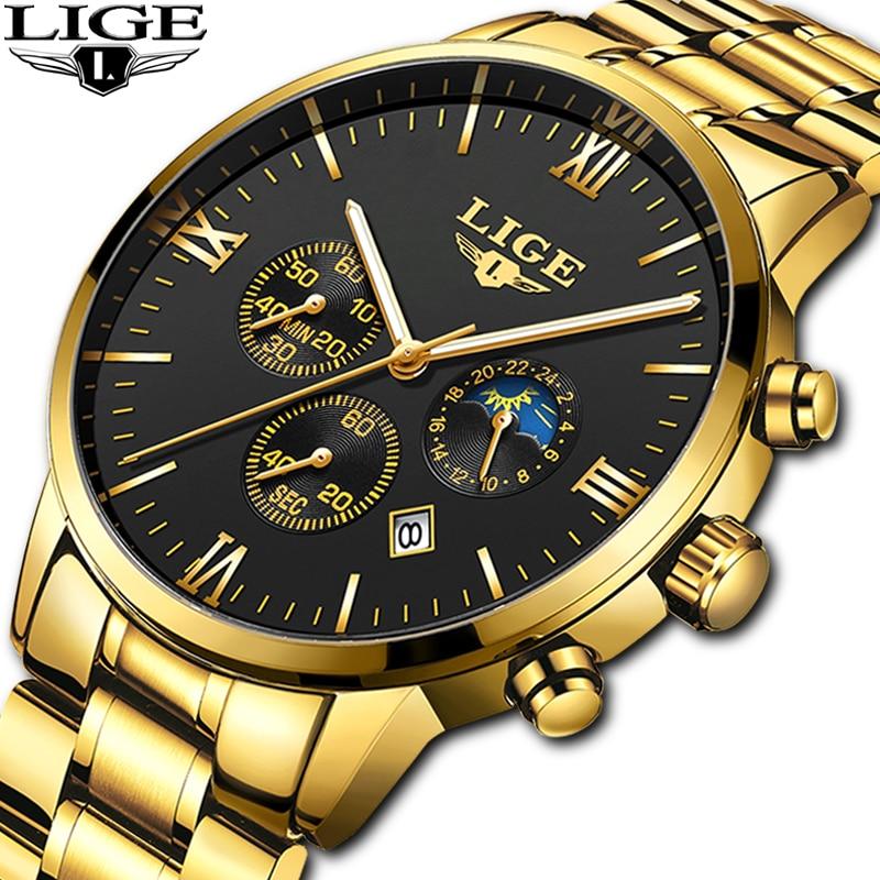 LIGE Men Watch Chronograph Sport Mens Watches Top Brand Luxury Waterproof Full Steel Quartz Gold Clock Men Relogio Masculino