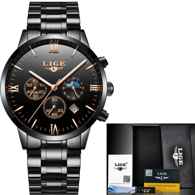 LIGE Men Watch Chronograph Sport Mens Watches Top Brand Luxury Waterproof Full Steel Quartz Gold Clock Men Relogio Masculino