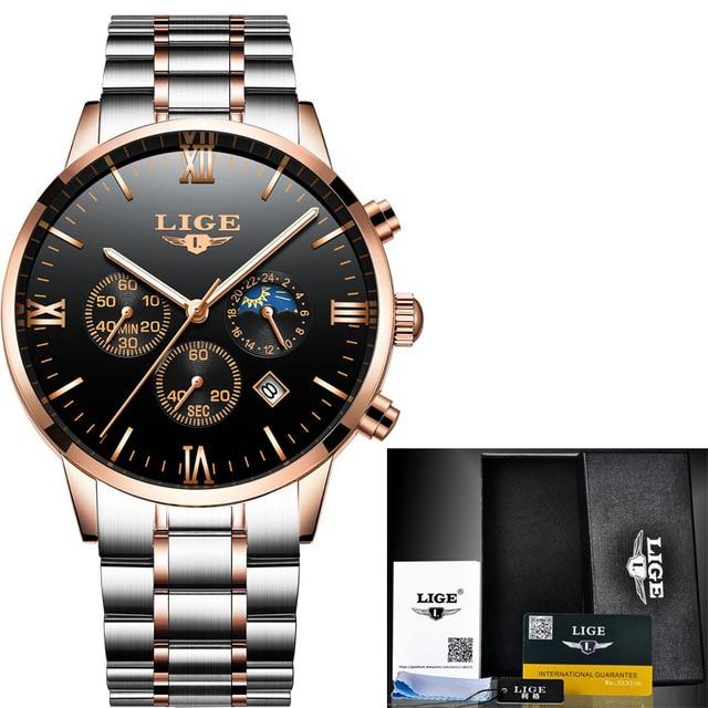 LIGE Men Watch Chronograph Sport Mens Watches Top Brand Luxury Waterproof Full Steel Quartz Gold Clock Men Relogio Masculino