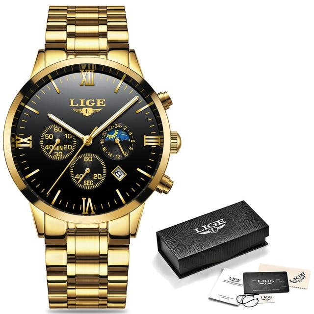 LIGE Men Watch Chronograph Sport Mens Watches Top Brand Luxury Waterproof Full Steel Quartz Gold Clock Men Relogio Masculino