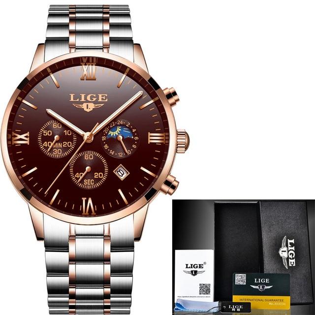 LIGE Men Watch Chronograph Sport Mens Watches Top Brand Luxury Waterproof Full Steel Quartz Gold Clock Men Relogio Masculino