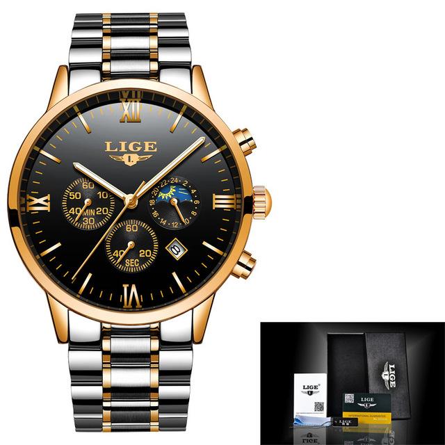 LIGE Men Watch Chronograph Sport Mens Watches Top Brand Luxury Waterproof Full Steel Quartz Gold Clock Men Relogio Masculino