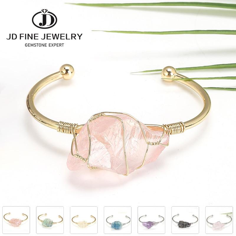 JD Natural Stone Bangle Gold-color Wire Wrap Irregular Crystal Quartz Cuff Bangles Bracelets  Fastion  Gemstone   Jewelry Gift