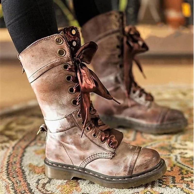 2020 New Mid-Calf Boots Autumn Winter Non-slip Flat Shoes Vintage Sexy Steampunk Leather Retro Buckle Ladies Snow Boots