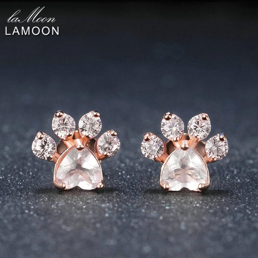 LAMOON Cat Paw 925 Sterling Silver Earrings For Women Rose Quartz Stud Earring Gemstone Stud Earings Fine Jewelry EI040-2