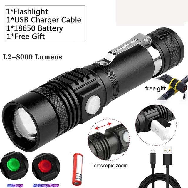 8000 Lumen Super Bright Led Flashlight T6/L2/V6/Q5 USB Led Torch Tactical Long Use Zoomable Linternas 18650 Battery For Camping