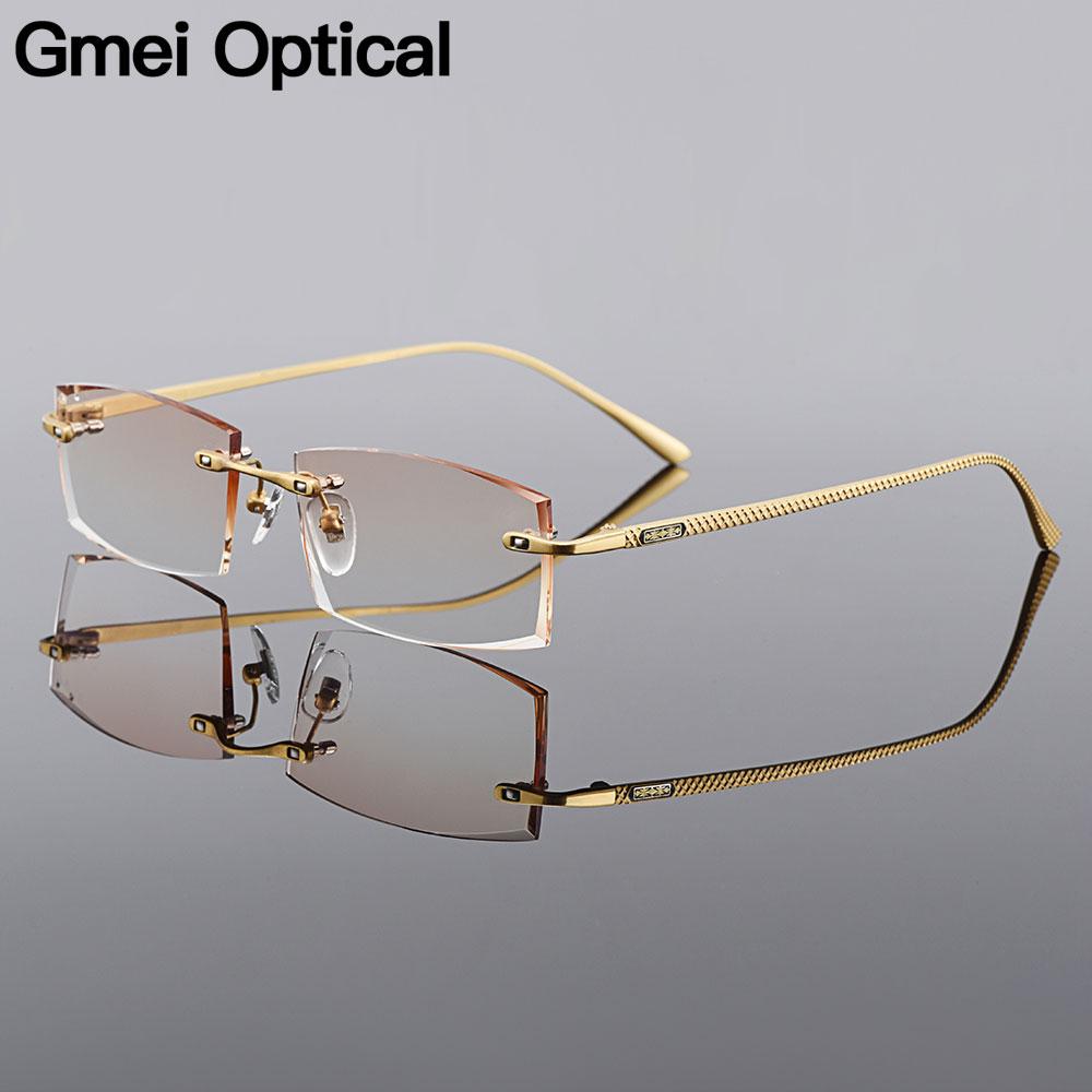 Gmei Optical Rectangle Golden Titanium Alloy Men's Diamond Trimming Rimless Glasses Frame Gradient Brown Tint Plano Lenses Q6607