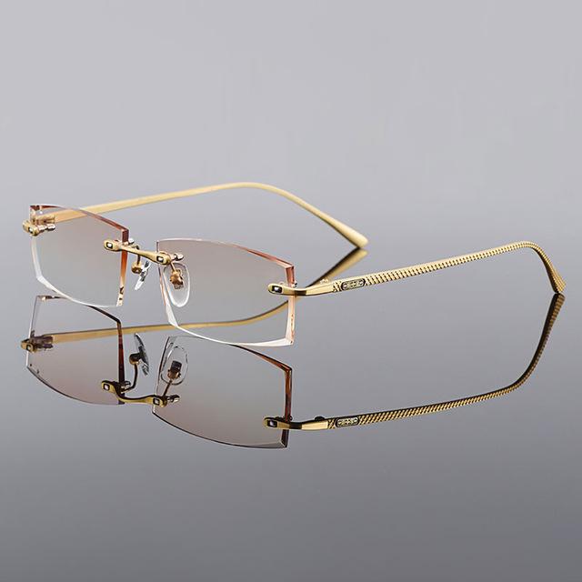 Gmei Optical Rectangle Golden Titanium Alloy Men's Diamond Trimming Rimless Glasses Frame Gradient Brown Tint Plano Lenses Q6607